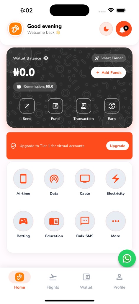 DataVendor mobile app — wallet, airtime, data, bills and more